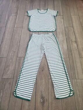 LAKE women's 100% pima cotton green white striped short sleeve pajama set size S
